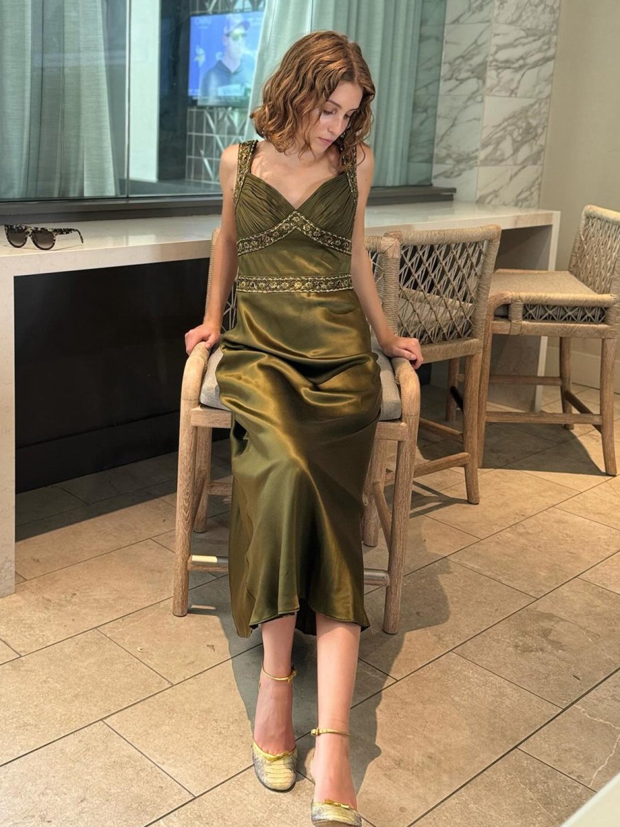 Philomena | Olive Green Sheath Satin Beaded Long Prom Dresses - KissProm