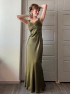 Philomena | Olive Green Sheath Satin Beaded Long Prom Dresses - KissProm