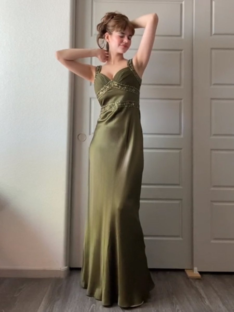 Philomena | Olive Green Sheath Satin Beaded Long Prom Dresses - KissProm