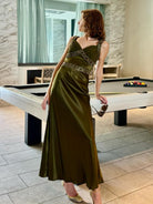 Philomena | Olive Green Sheath Satin Beaded Long Prom Dresses - KissProm