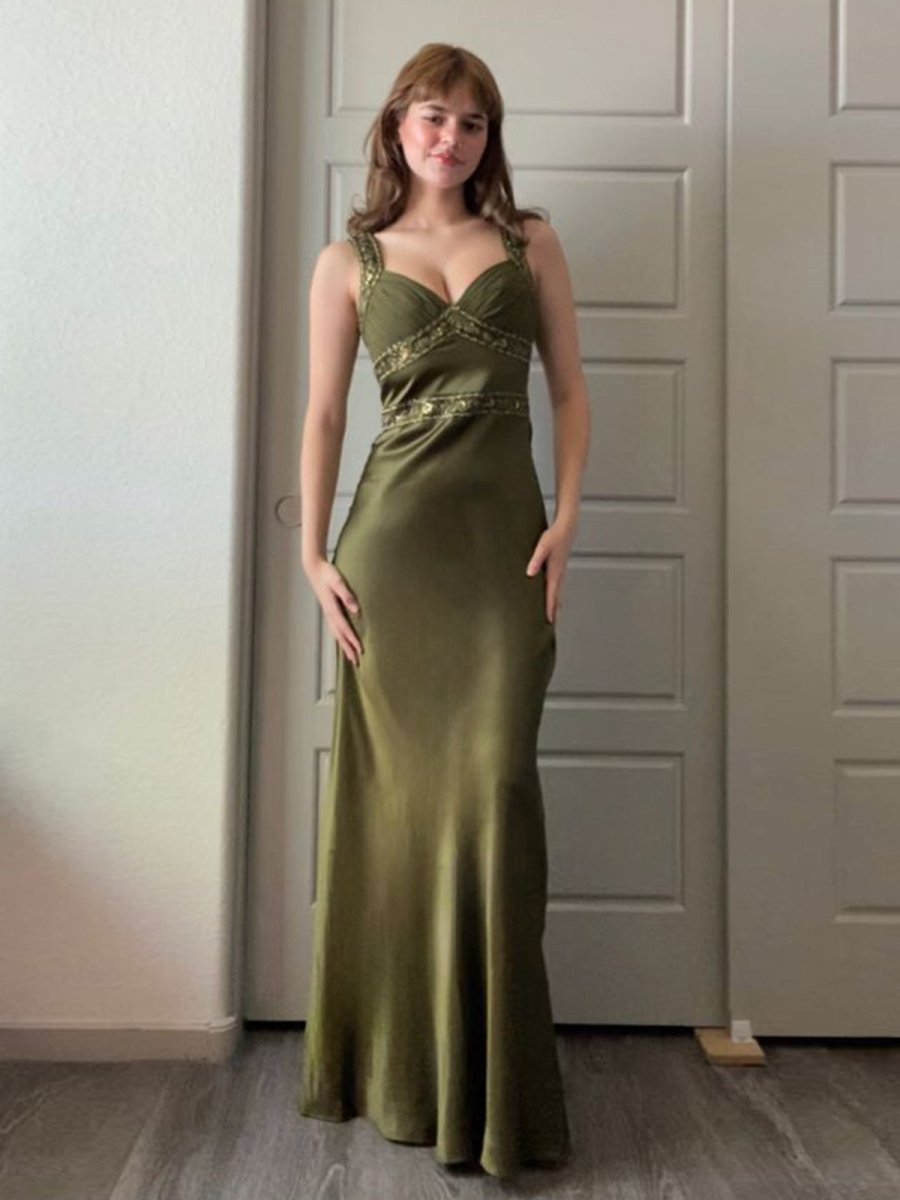 Philomena | Olive Green Sheath Satin Beaded Long Prom Dresses - KissProm