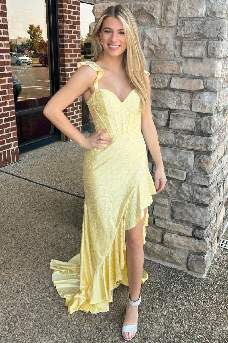 Phyllis | Mermaid Yellow Spaghetti Straps Satin Beaded Long Prom Dress - KissProm