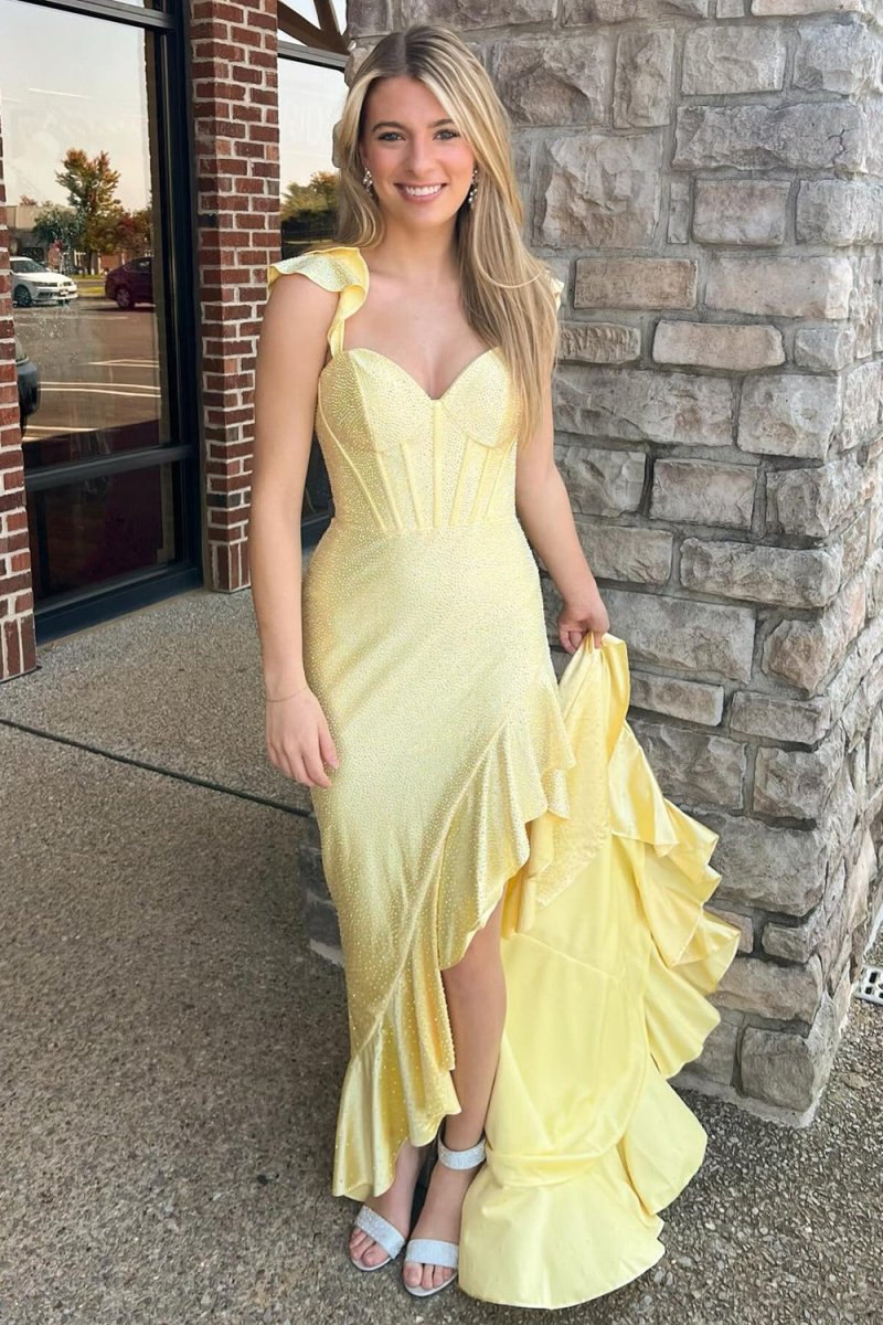 Phyllis | Mermaid Yellow Spaghetti Straps Satin Beaded Long Prom Dress - KissProm