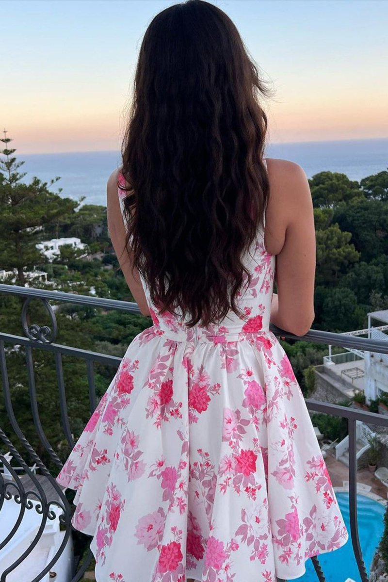 Pink A Line Floral Short Homecoming Dress - KissProm