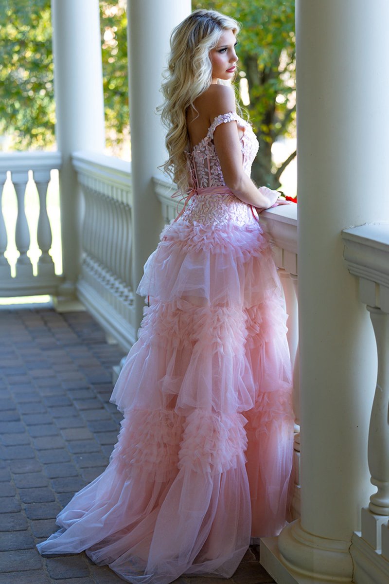 Pink A Line Tulle Ruffles Off the Shoulder Long Prom Dresses with Bow - KissProm