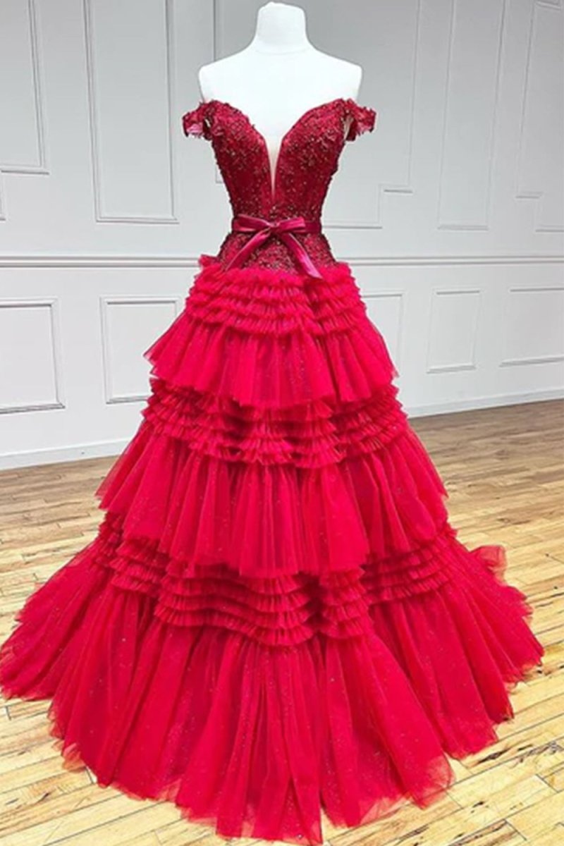 Pink A Line Tulle Ruffles Off the Shoulder Long Prom Dresses with Bow - KissProm