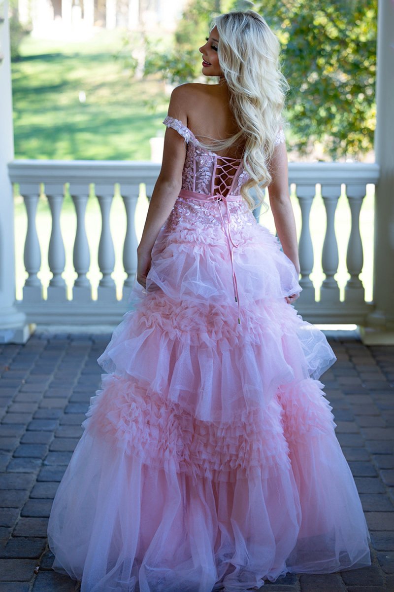 Pink A Line Tulle Ruffles Off the Shoulder Long Prom Dresses with Bow - KissProm