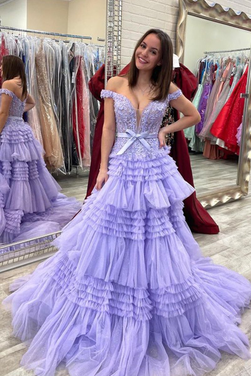 Pink A Line Tulle Ruffles Off the Shoulder Long Prom Dresses with Bow - KissProm