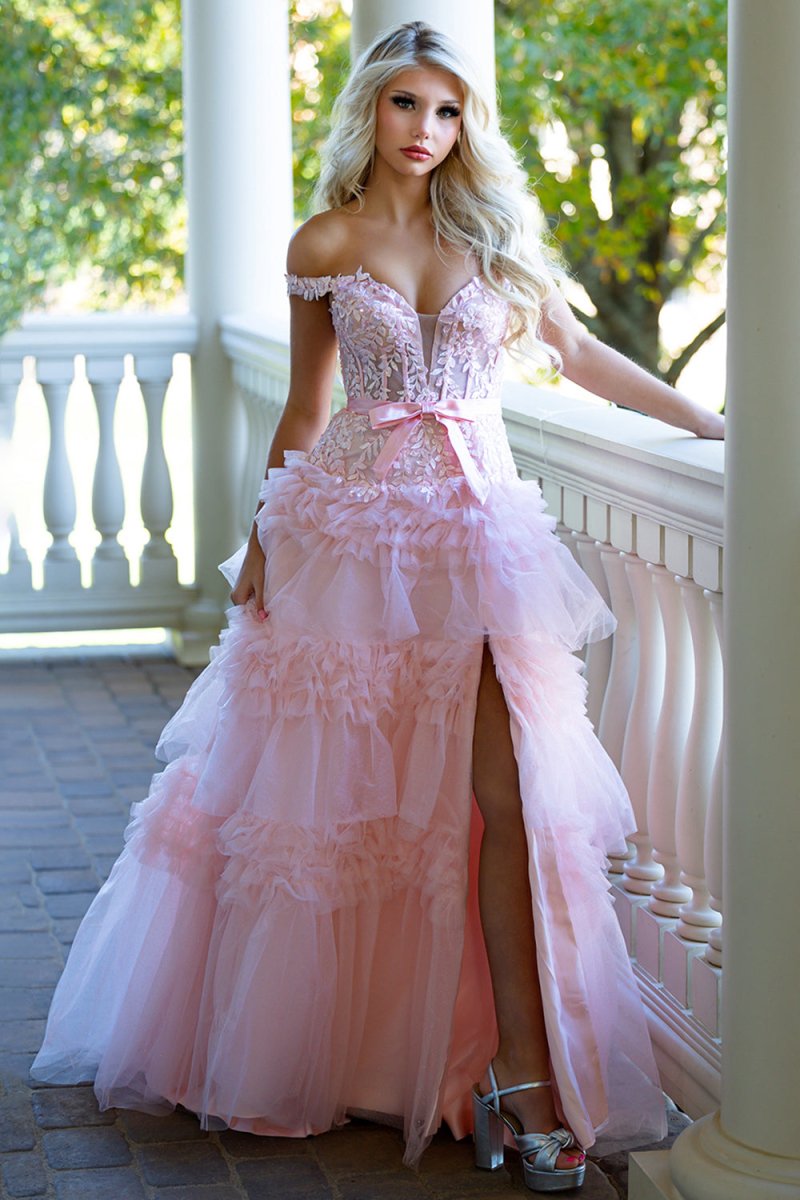 Pink A Line Tulle Ruffles Off the Shoulder Long Prom Dresses with Bow - KissProm