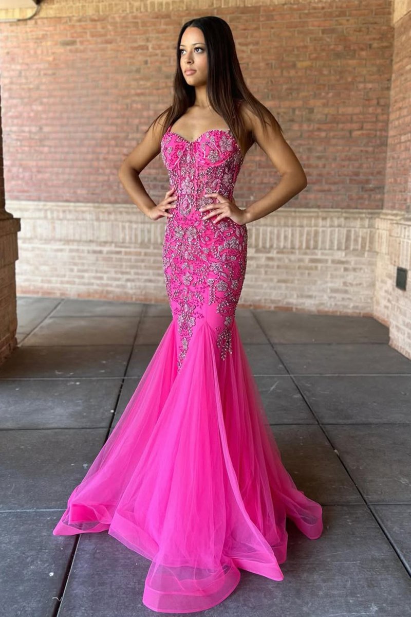 Oakleigh | Pink Beaded Spaghetti Strap Trumpet Long Gown - KissProm