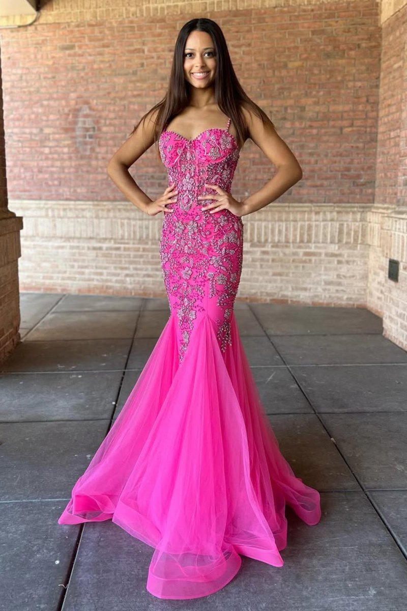 Oakleigh | Pink Beaded Spaghetti Strap Trumpet Long Gown - KissProm