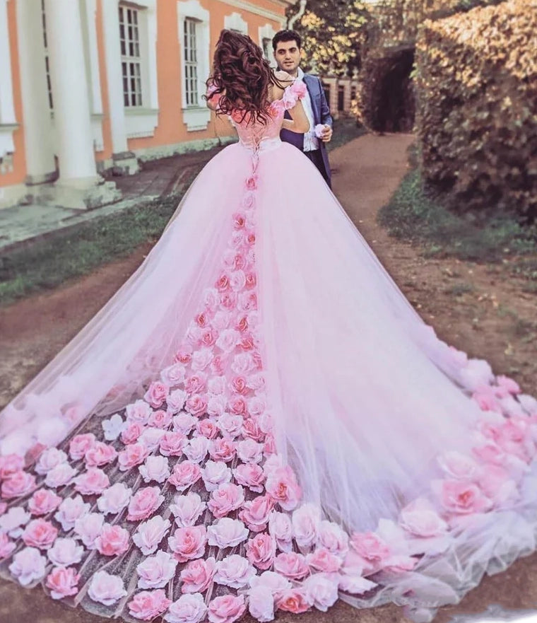 Pink Cathedral Train 3D Flowers Applique Wedding Gown Quinceanera Dres |  KissProm