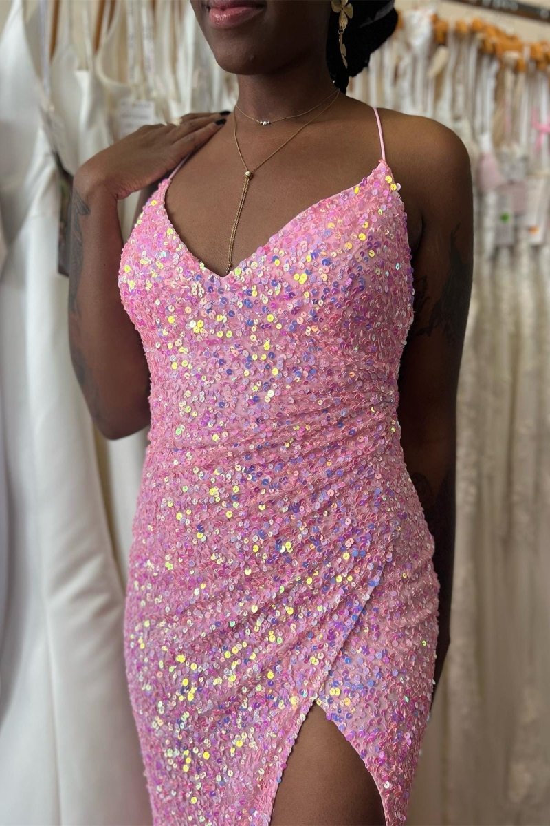 Pink Mermaid V Neck Straps Sequins Pleated Long Prom Dress with Slit - KissProm