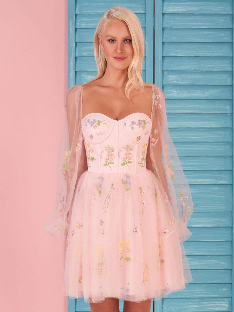 Sweetheart Embroidery Short - Length Tulle Puff Sleeves Cocktail Dress - KissProm