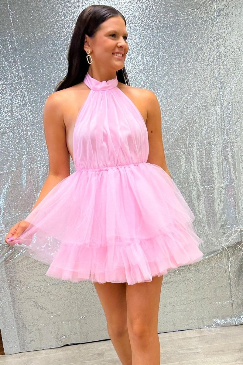 Pink Tulle Halter Short Homecoming Dress with Ruffles - KissProm