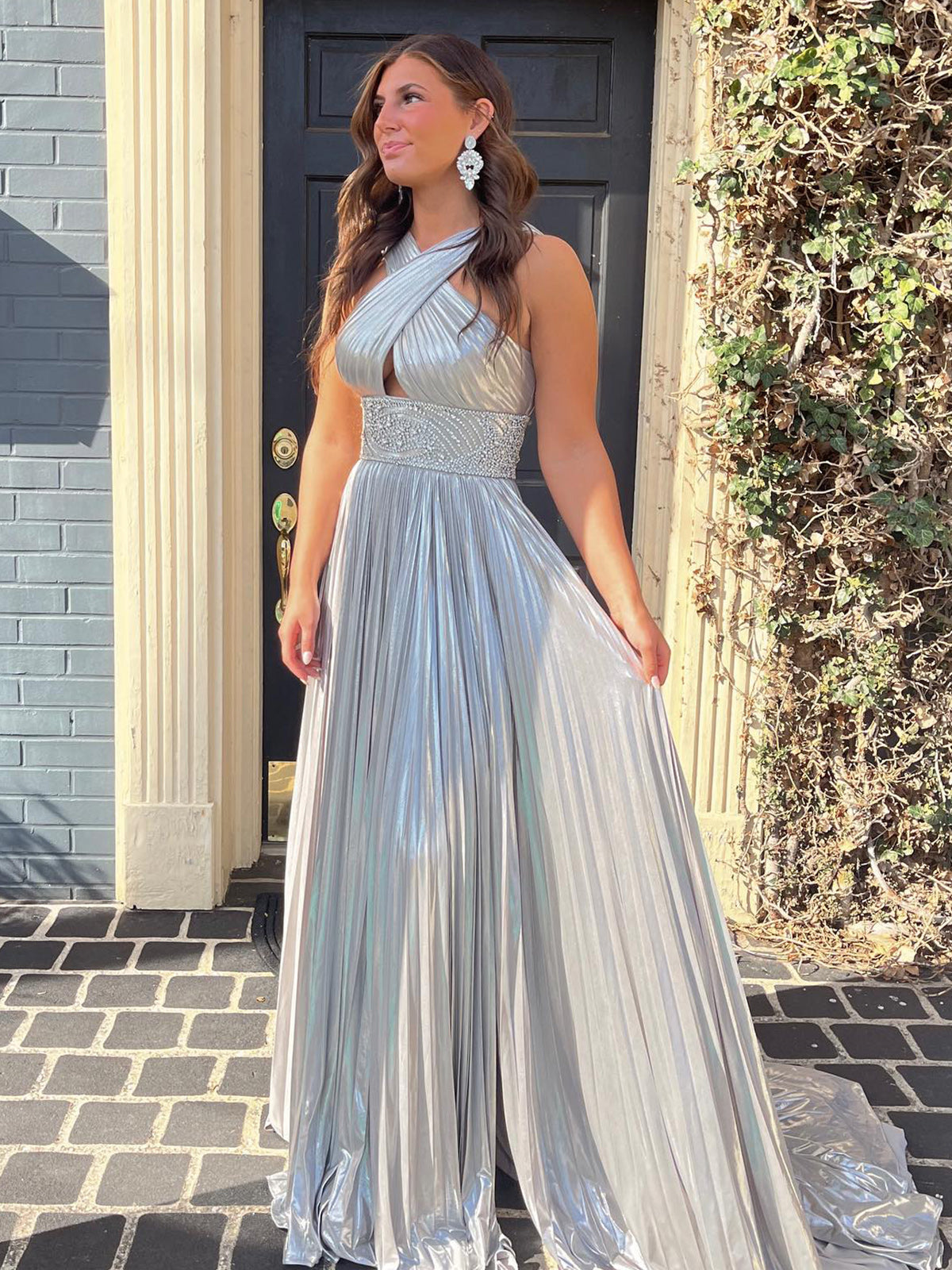 Macy Pleated Criss Cross Straps Metallic Long Prom Dress