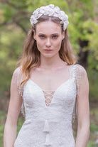 Plunged A - Line Pleated Wedding Dress With Appliques And Beading - KissProm