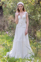 Plunged A - Line Pleated Wedding Dress With Appliques And Beading - KissProm