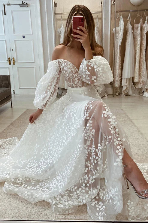Plunging V-Neck Allover Lace Bohemian Wedding Dress with Sleeves
