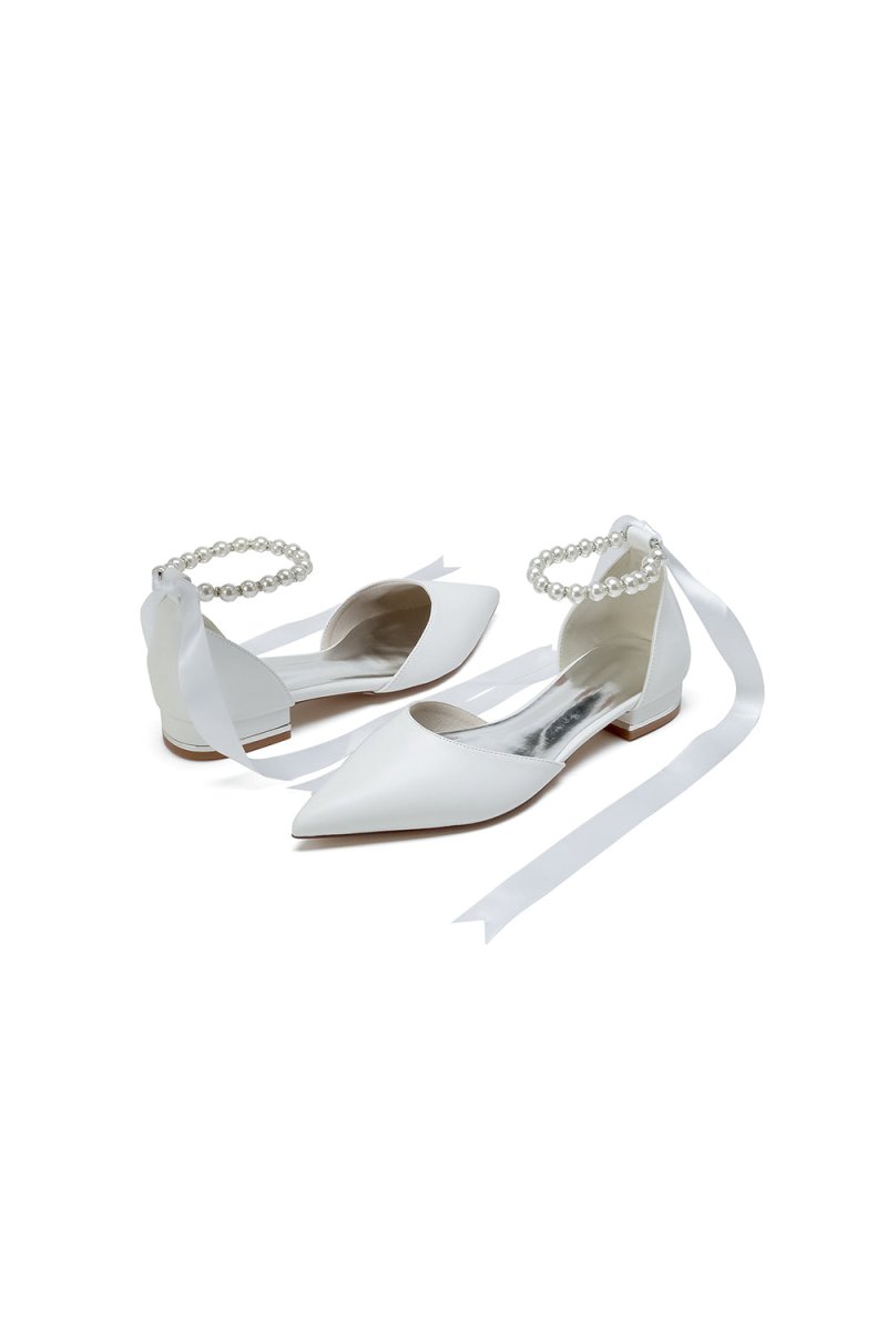 Pointed Toe Ankle Strap Pearl Beaded Ivory Ribbons Low Heels - KissProm