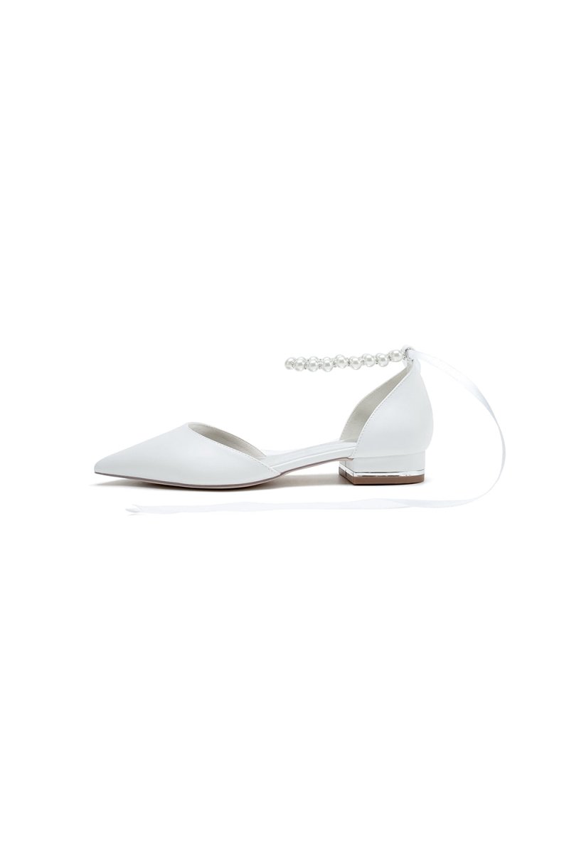 Pointed Toe Ankle Strap Pearl Beaded Ivory Ribbons Low Heels - KissProm