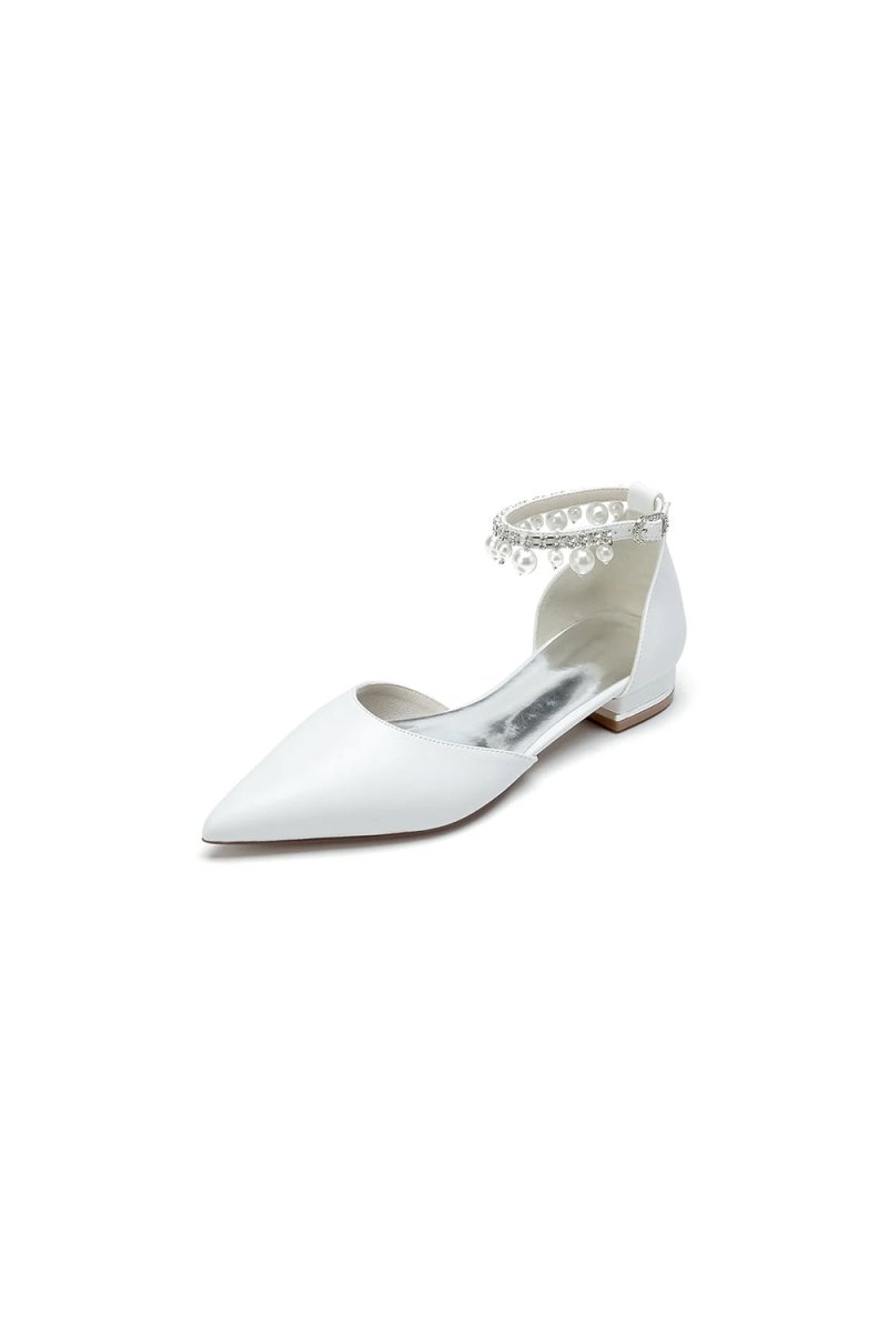 Pointed Toe Ankle Strap Pearl Beaded Low Heels - KissProm