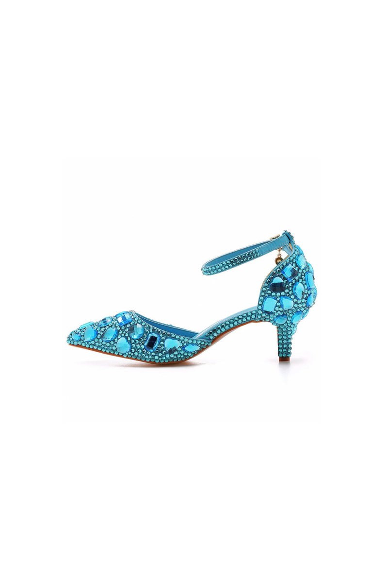 Pointed Toe Crystal Diamond Ankle Strap Kitten Heels - KissProm