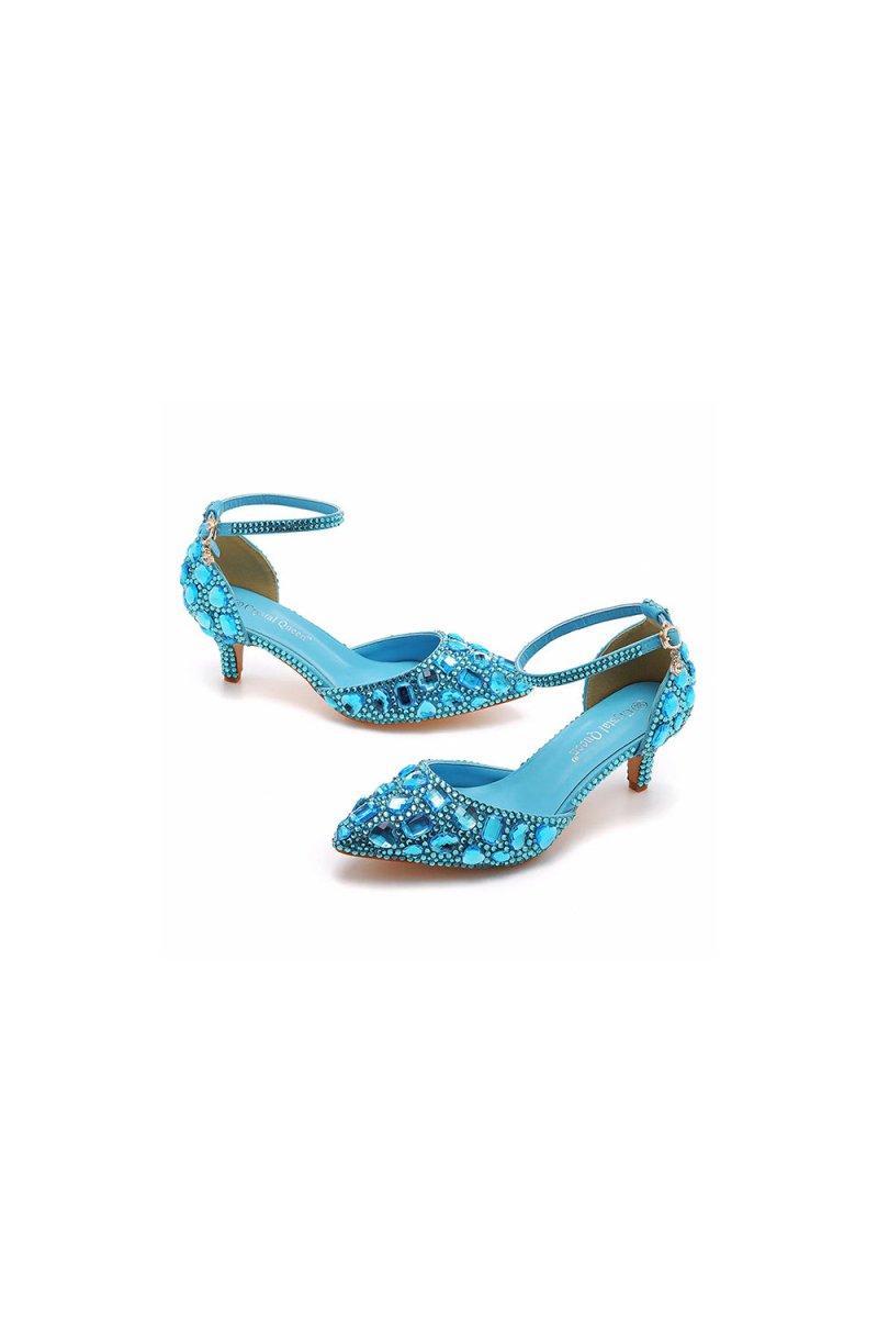 Pointed Toe Crystal Diamond Ankle Strap Kitten Heels - KissProm