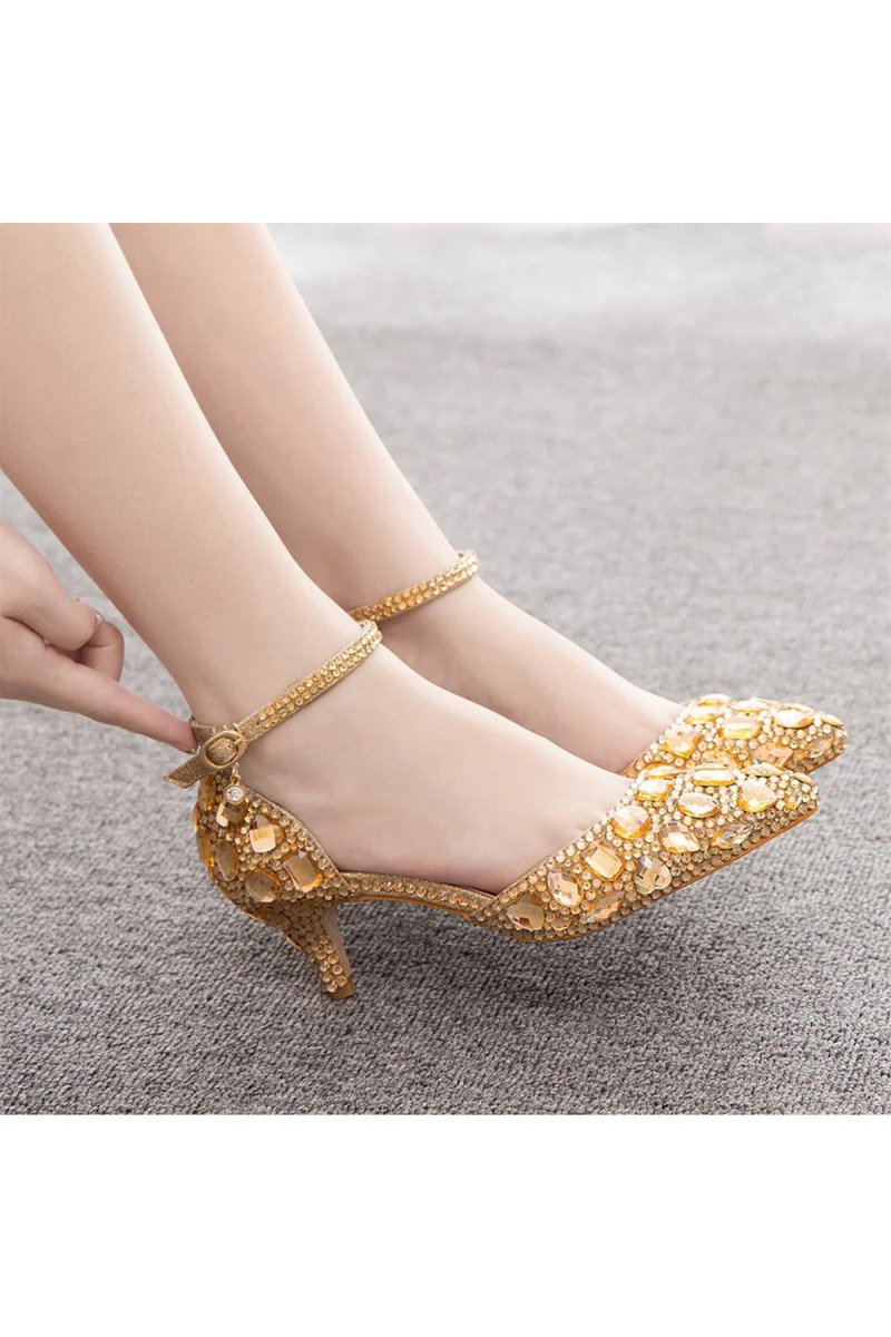 Pointed Toe Crystal Diamond Ankle Strap Kitten Heels - KissProm