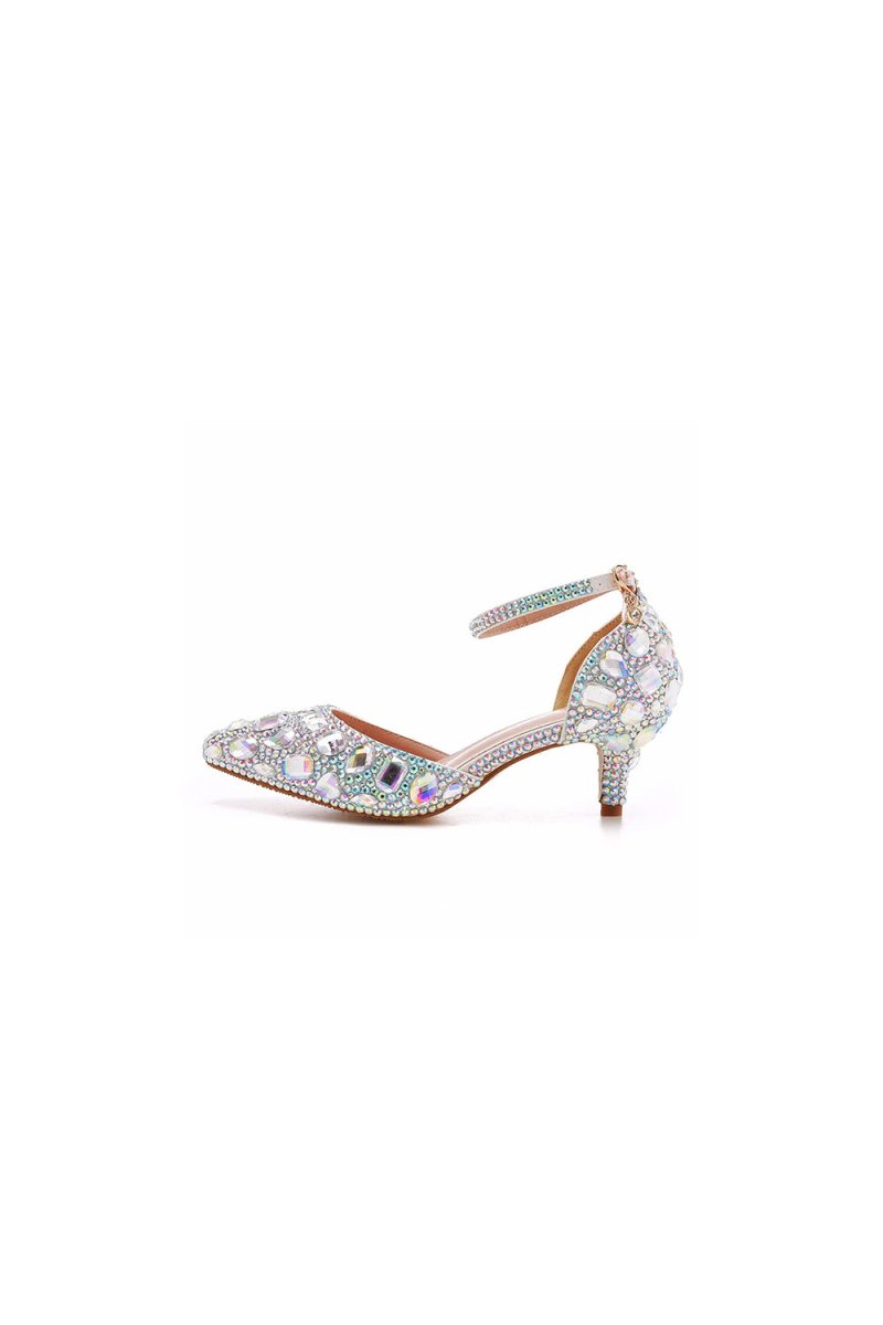 Pointed Toe Crystal Diamond Ankle Strap Kitten Heels - KissProm