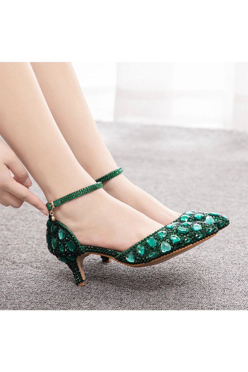 Pointed Toe Crystal Diamond Ankle Strap Kitten Heels - KissProm