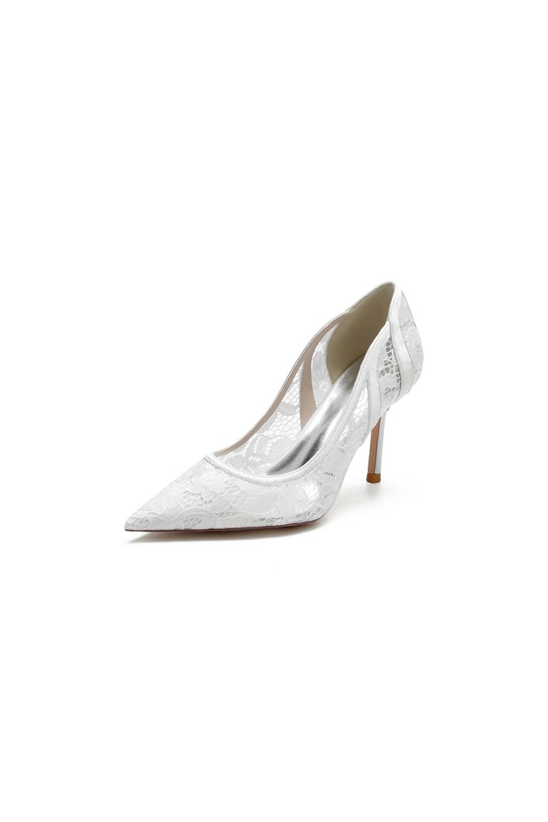 Pointed Toe Bridal Heels with Lace Appliques - KissProm