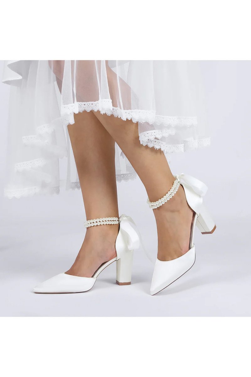 Pointed Toe Pearl Ribbon Ankle Strap Chunky Heel - KissProm