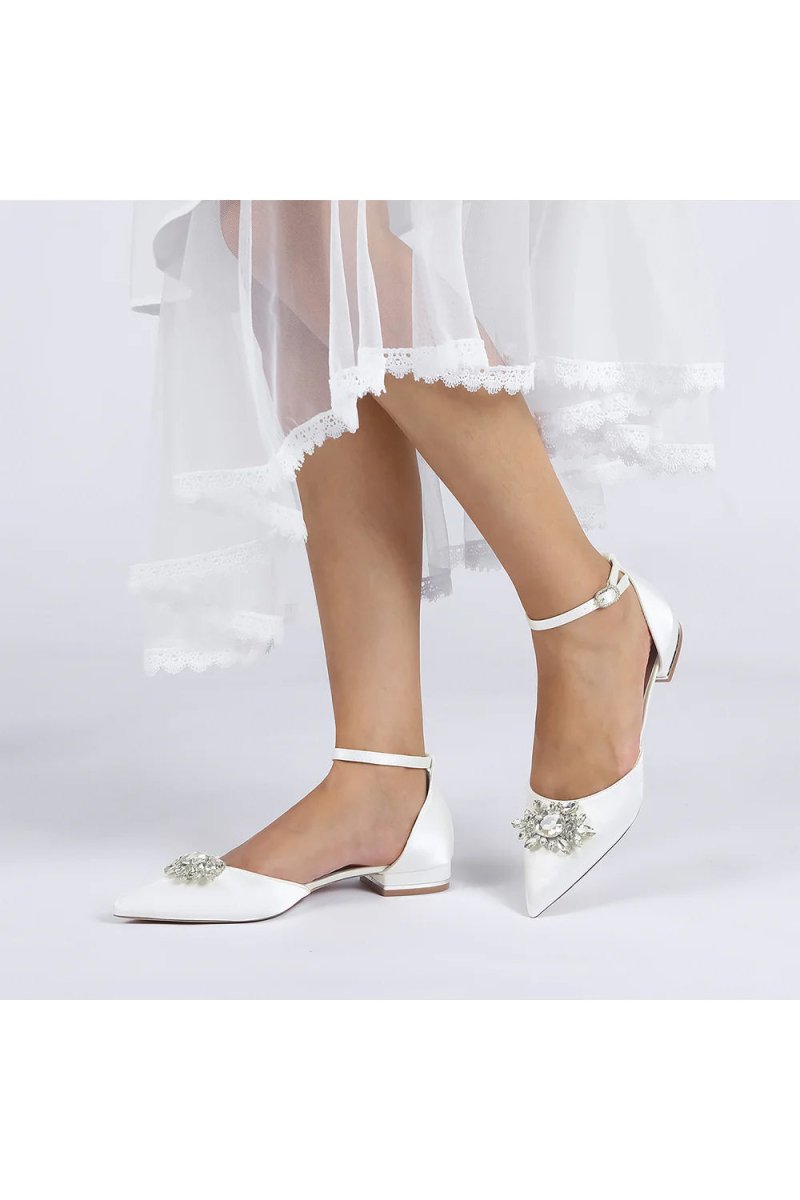 Pointed Toe Rhinestone Ankle Strap Kitten Heels - KissProm