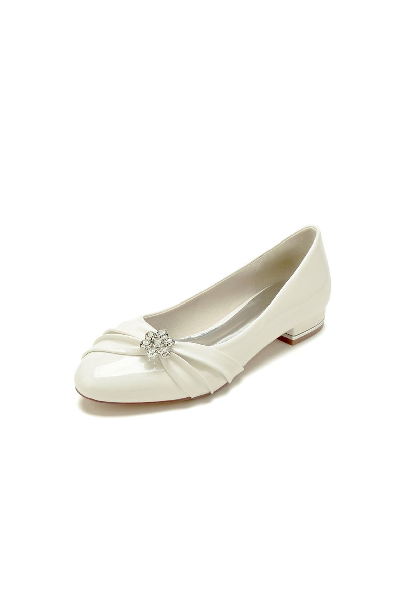 Pointed Toe Slip - on Patent Leather Low Heels With Rhinestone - KissProm