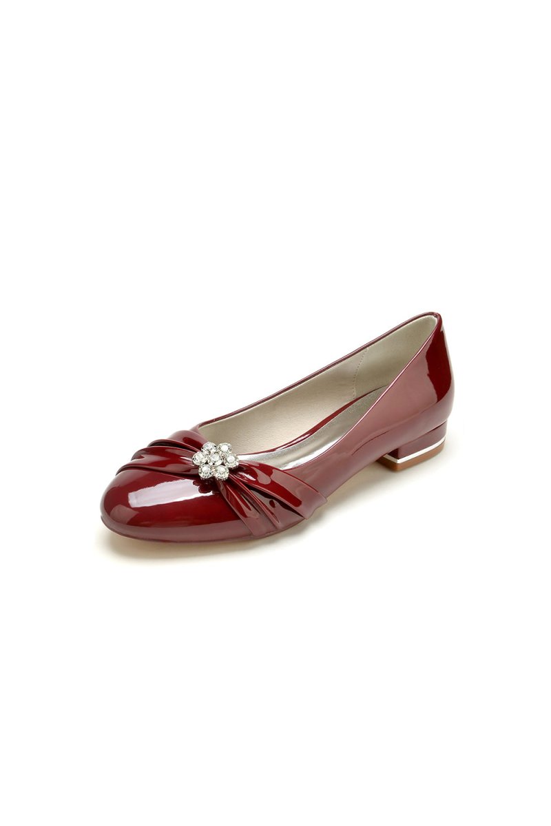 Pointed Toe Slip - on Patent Leather Low Heels With Rhinestone - KissProm