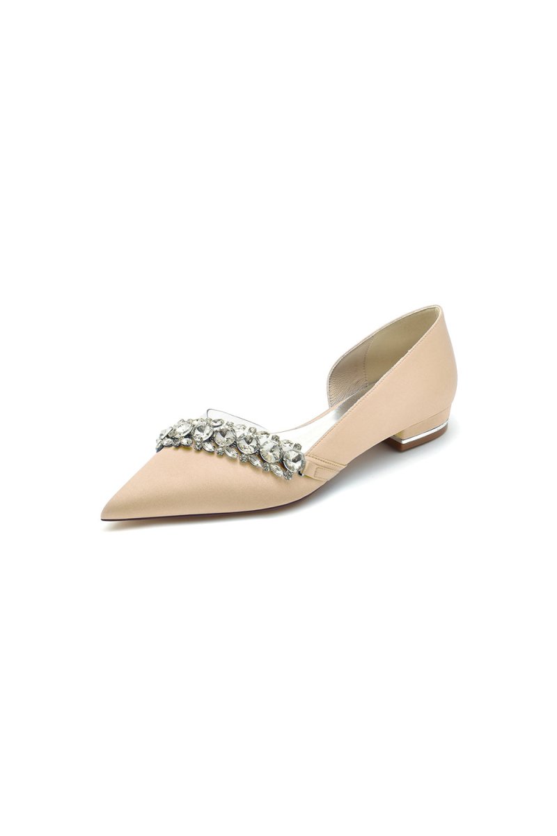 Pointed Toe Slip - on Satin Low Heels With Rhinestone - KissProm