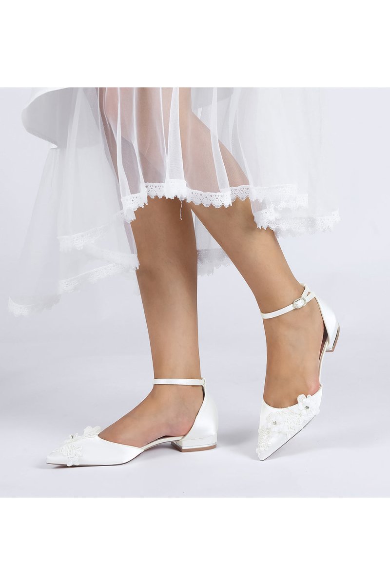 Pointed Toe White Ankle Strap Low Heels with Lace - KissProm