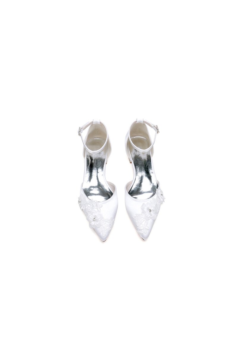 Pointed Toe White Ankle Strap Low Heels with Lace - KissProm