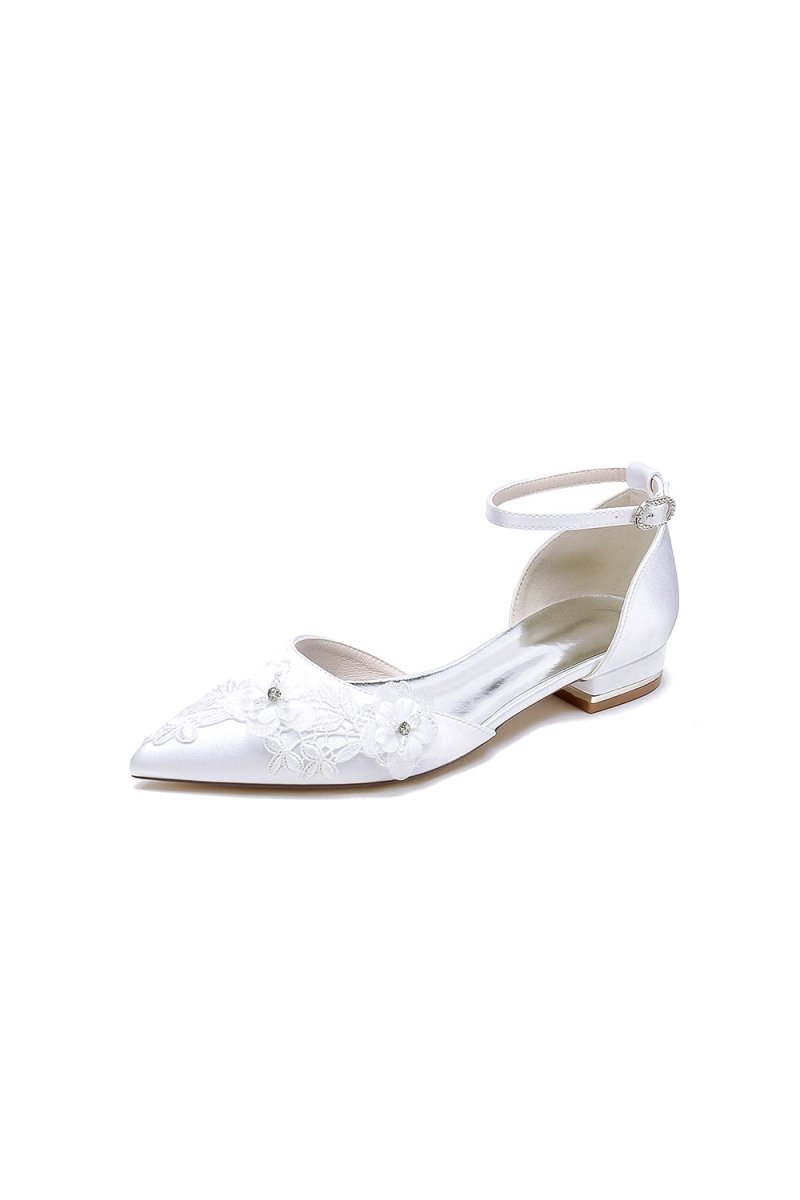 Pointed Toe White Ankle Strap Low Heels with Lace - KissProm