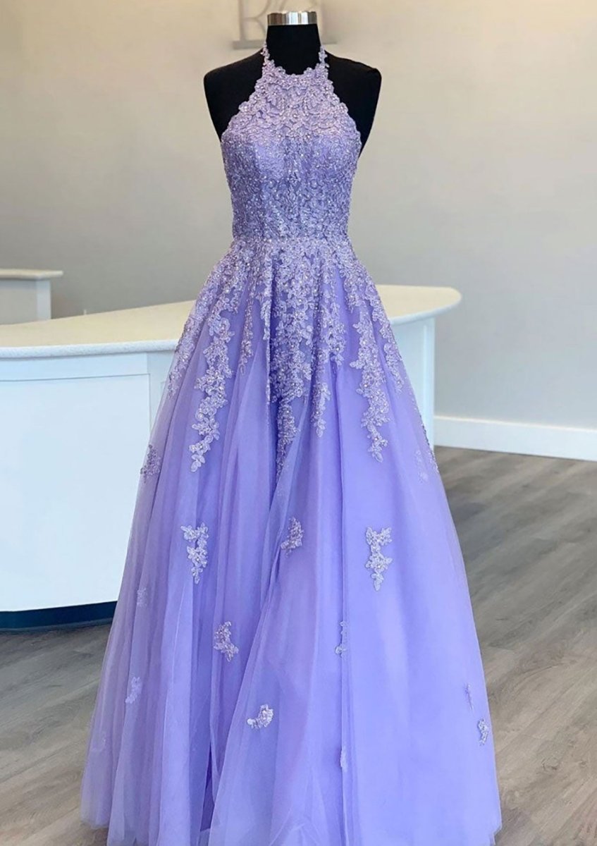 Arleth | Princess Halter Long/Floor - Length Lace Tulle Prom Dress With Appliqued Beading - KissProm