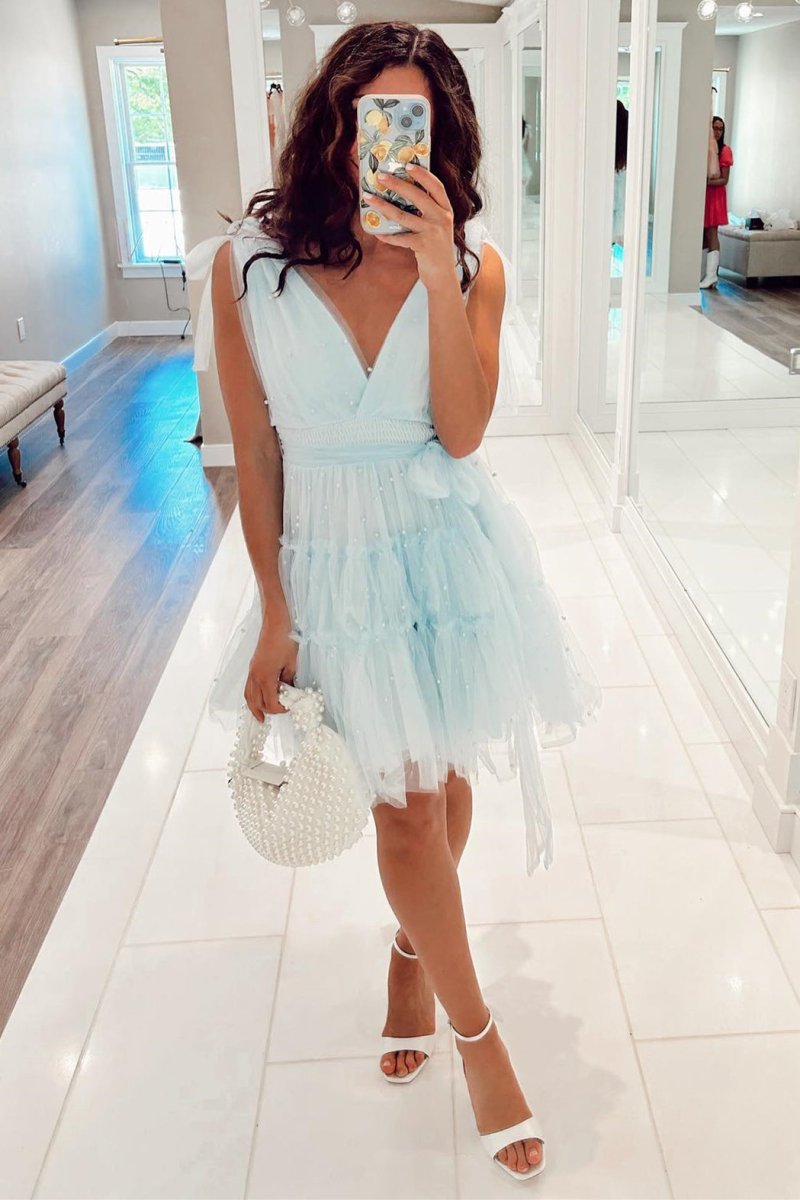 Lennon | Blush Tulle A - Line Homecoming Dress with Pearls - KissProm