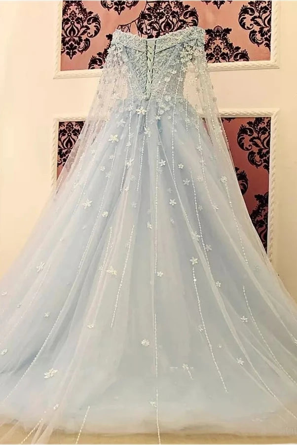 Princess Sparkly Blue A-Line Off-the-Shoulder Lace Wedding Dress Modest Unique Fairy Tied Back Bridal Gown with 3D Floral Appliques