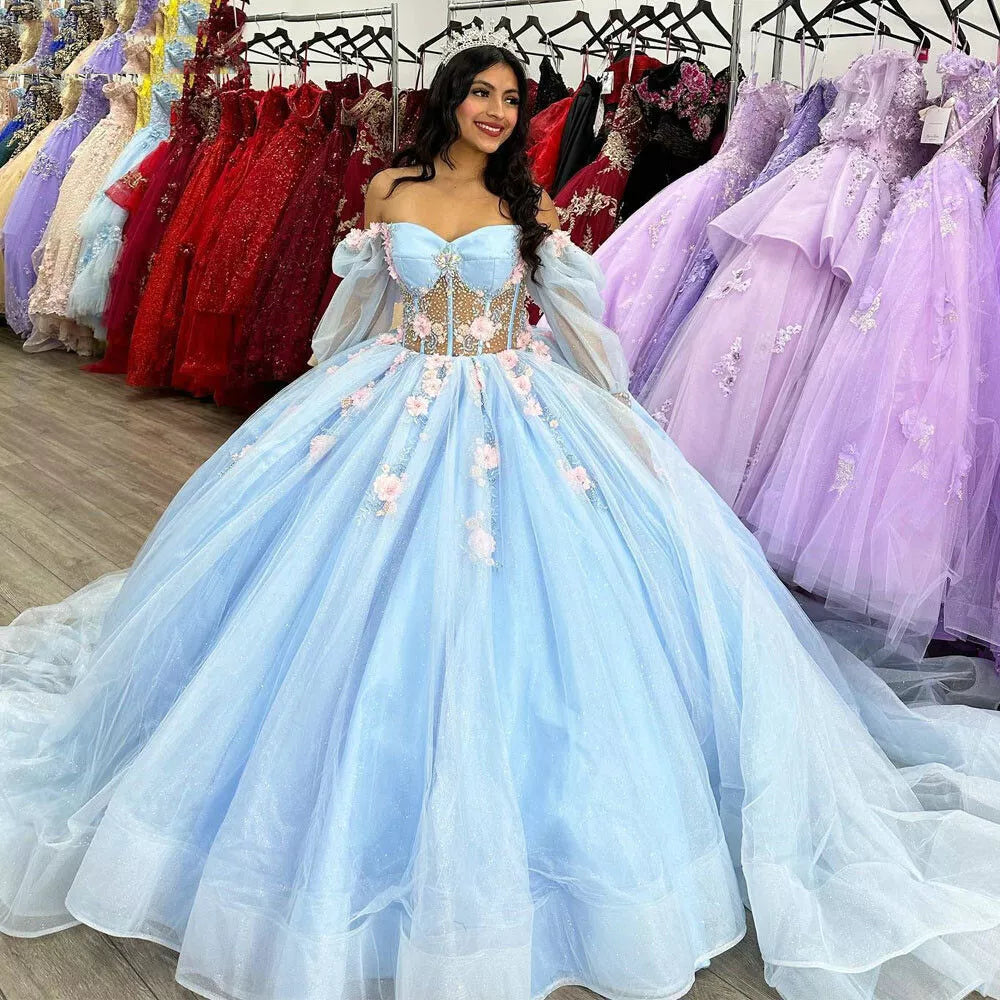 Puffy Blue Organza Ball Gown Beaded Off-the-Shoulder Quinceanera Dress ...