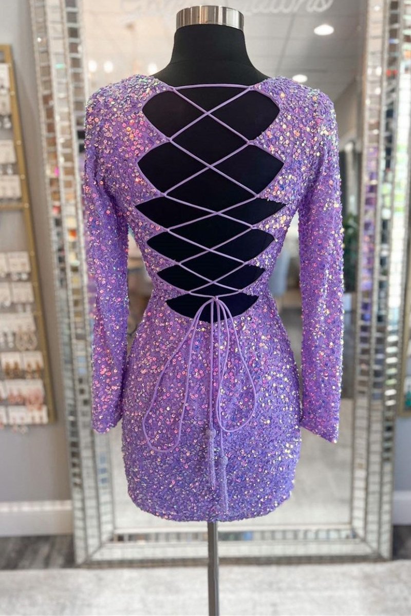 Sabine | Purple Sequin Lace - Up Short Party Dress with Long Sleeves - KissProm