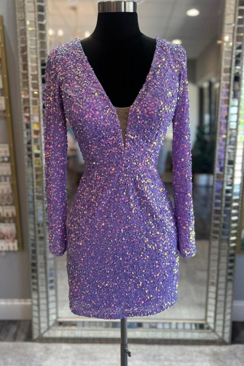 Sabine | Purple Sequin Lace - Up Short Party Dress with Long Sleeves - KissProm