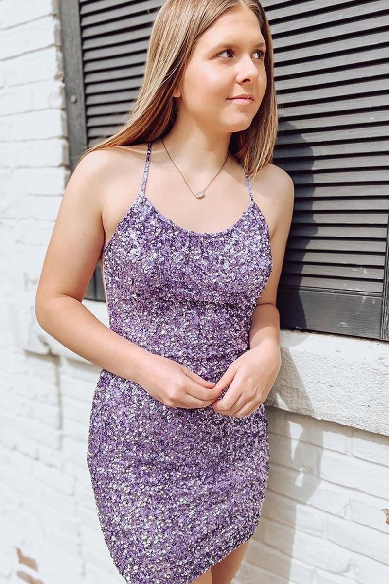 Purple Sparkly Sequins Bodycon Homecoming Dress With Criss Cross Back - KissProm