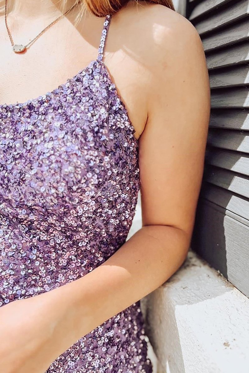 Purple Sparkly Sequins Bodycon Homecoming Dress With Criss Cross Back - KissProm