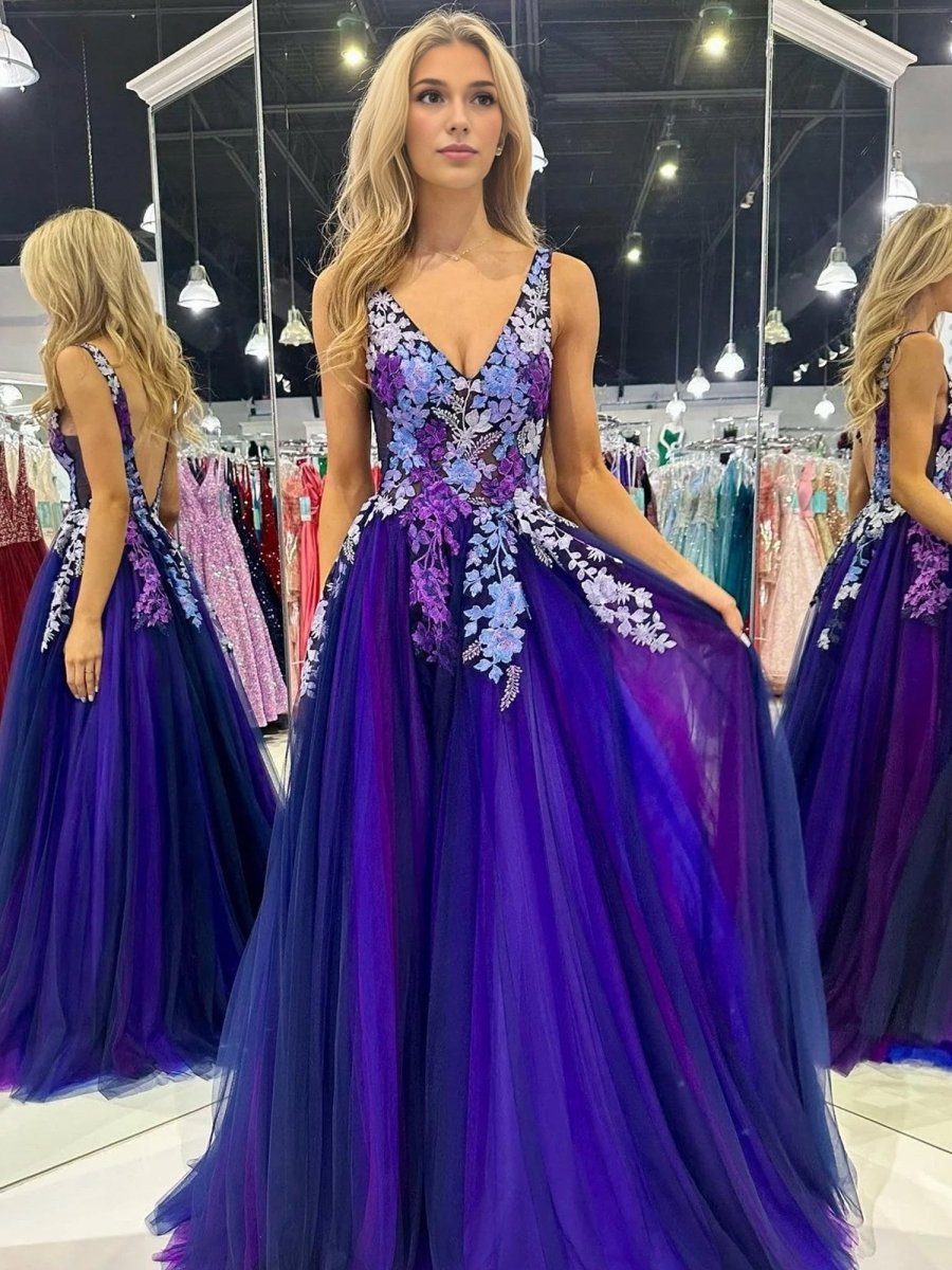 Purple Tulle Appliques V - Neck Open Back Long Prom Dress - KissProm