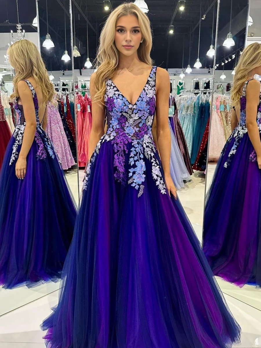 Purple Tulle Appliques V - Neck Open Back Long Prom Dress - KissProm